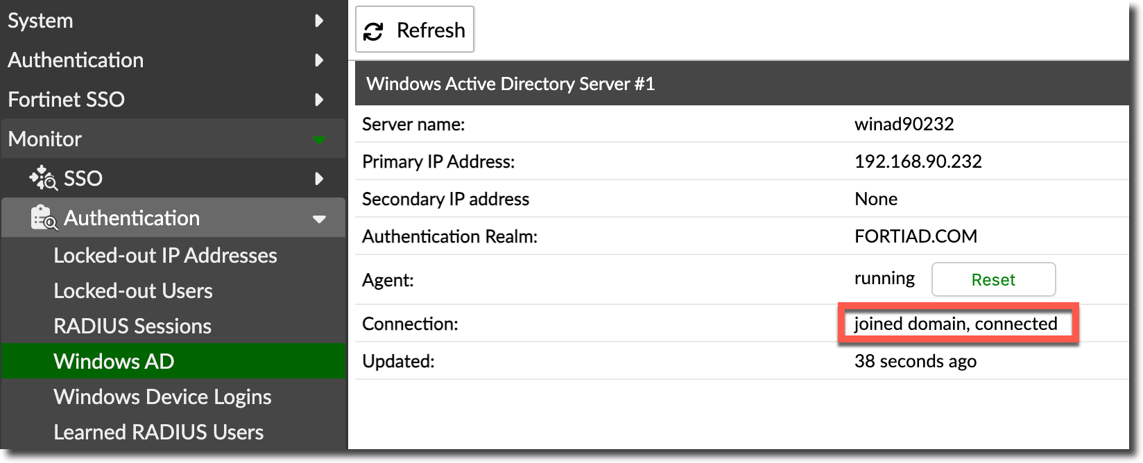 FortiAuthenticator 已加入并连接 Active Directory 域