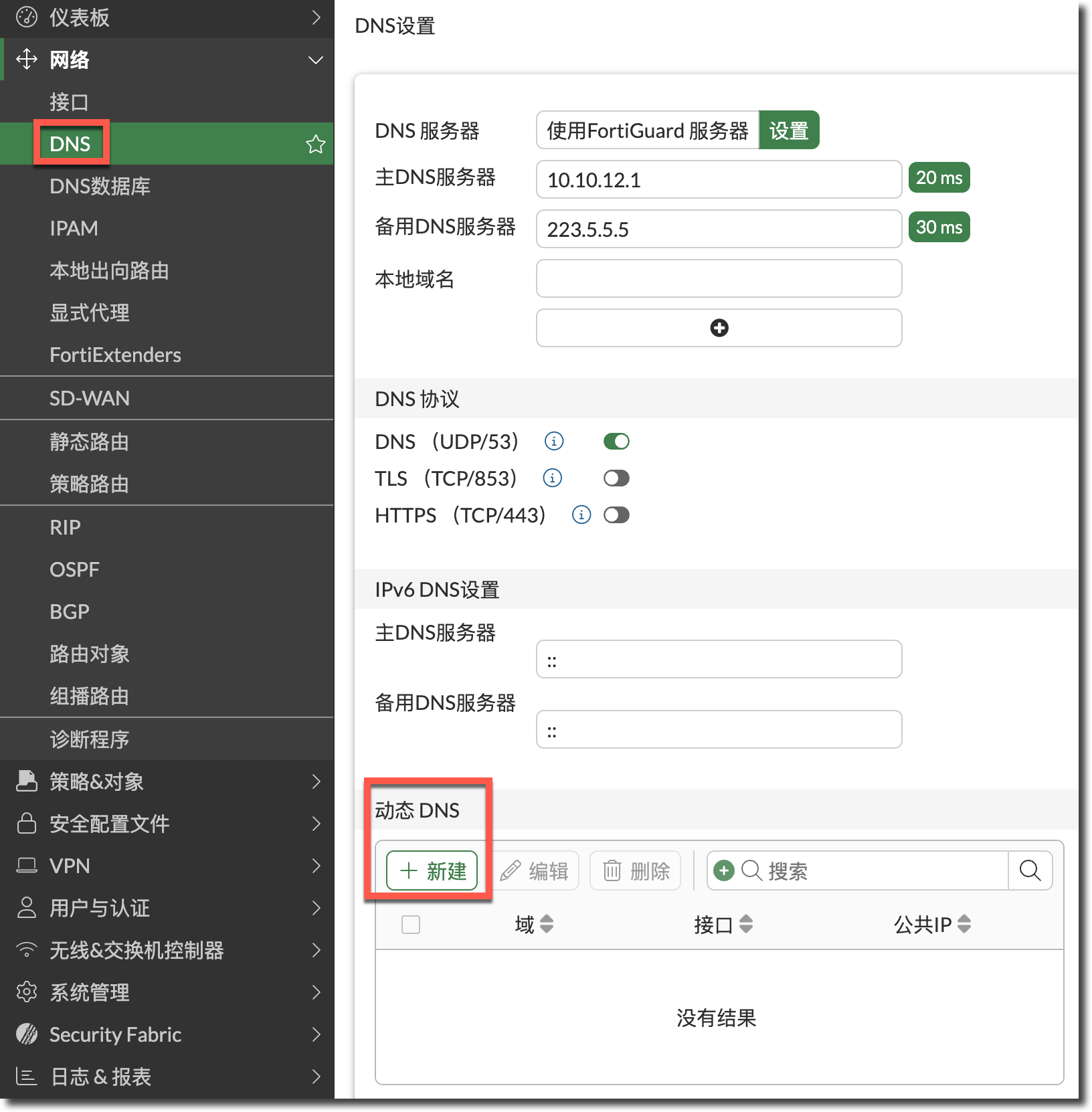 DNS 页面中的 Dynamic DNS 配置区域