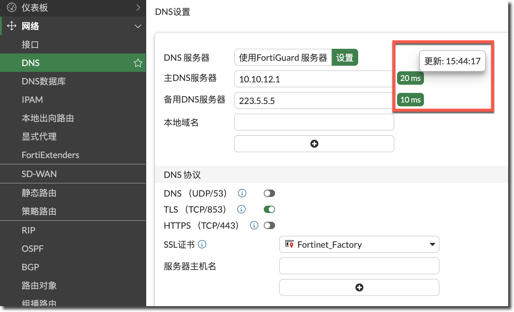 FortiGate DNS 服务器延迟信息