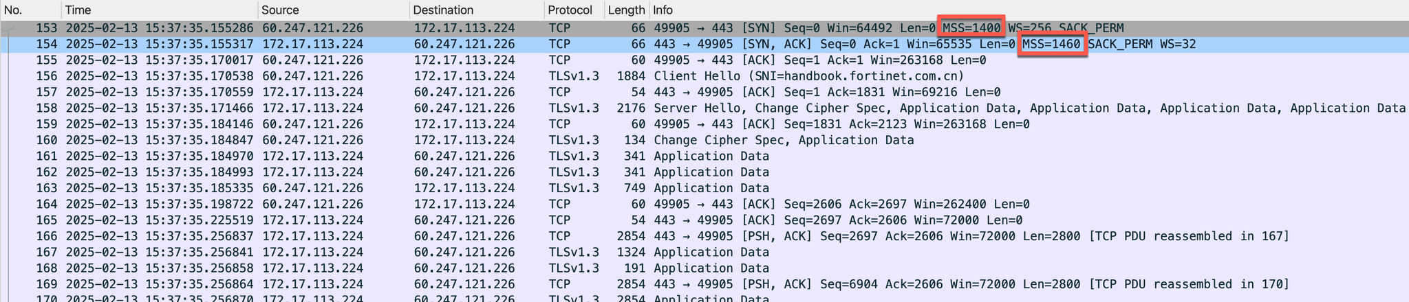 正常期间服务器收到的 SYN MSS 为 1400 而发出的 SYN ACK MSS 为 1460