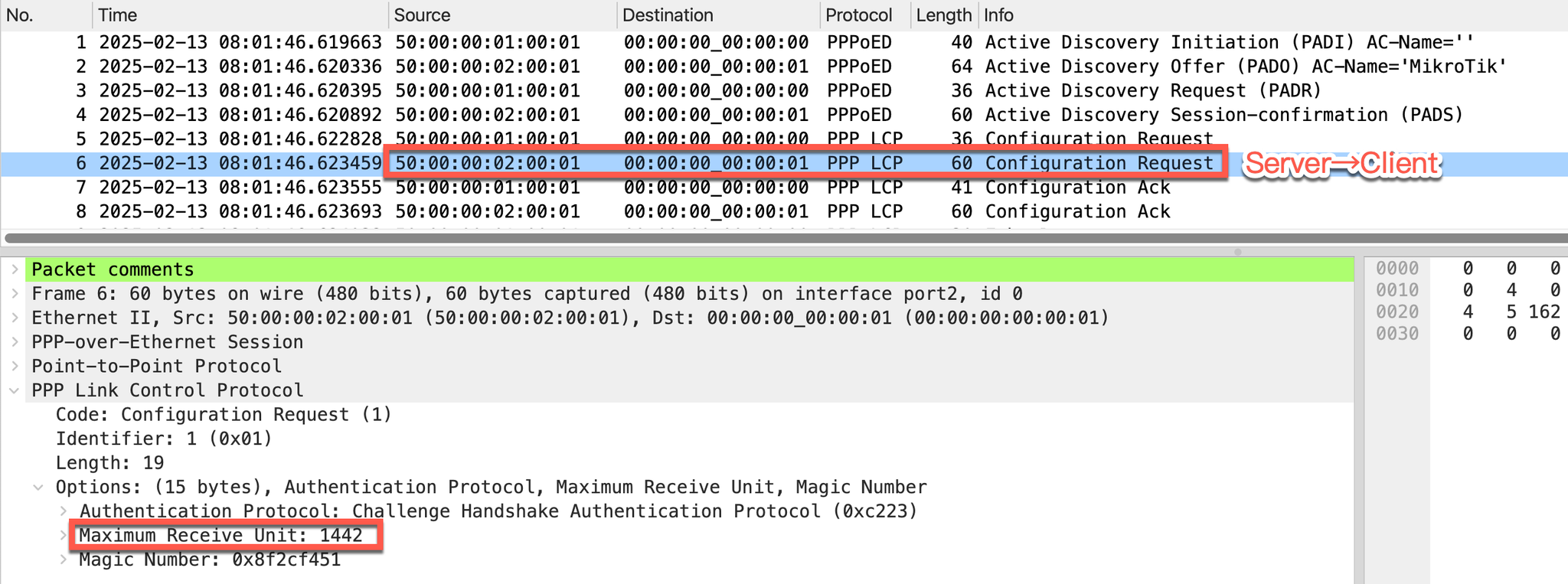 PPPoE Server 在 LCP Configuration Request 中通告 MRU 1442