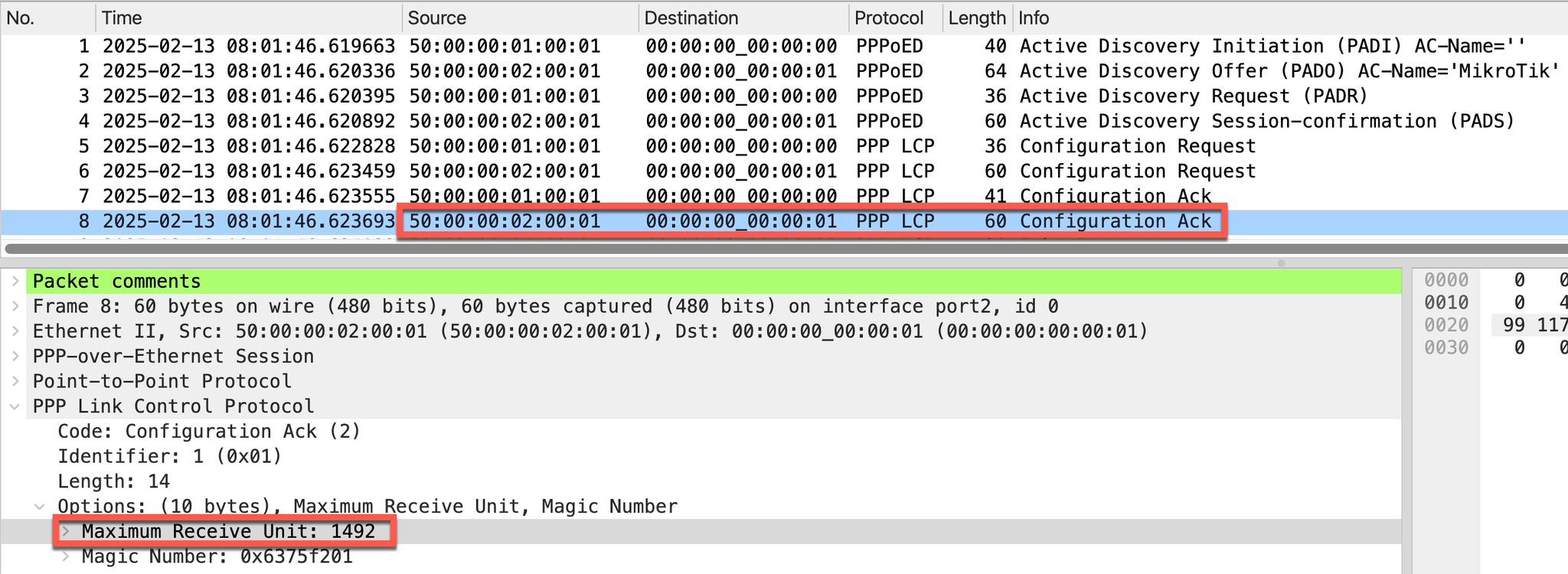PPPoE Server 的 LCP Configuration Ack 确认 FortiGate 通告的 MRU 1492